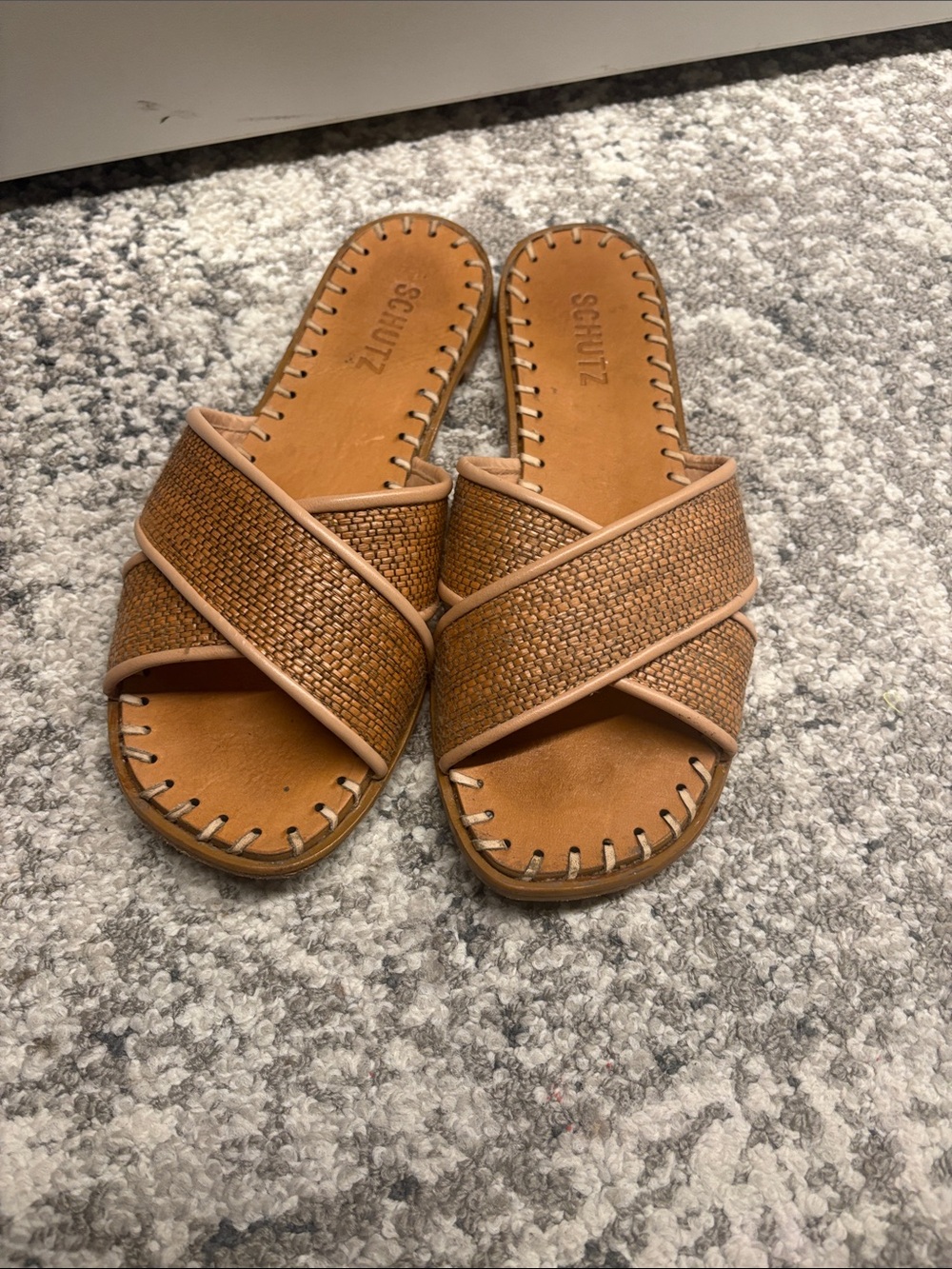 Schultz Tan Woven Crossband Slide Sandals